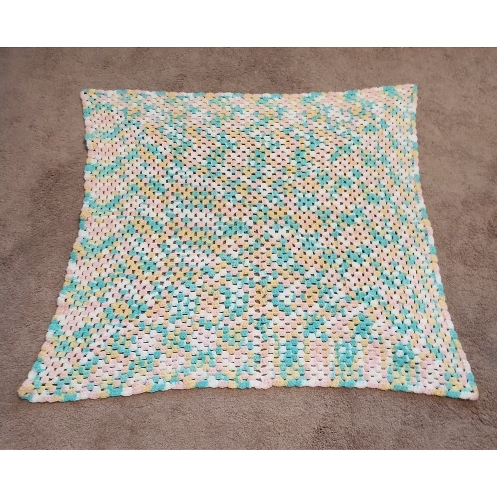 Hand Crochet Baby Afghan in Pink, Green, Yellow, White 37"x36"